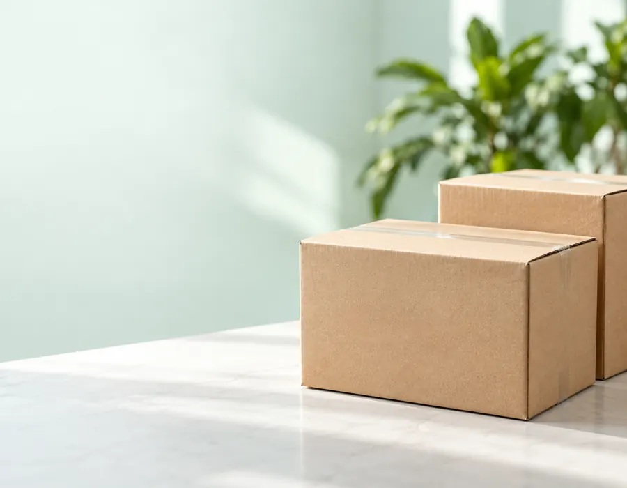 Ilustración: cajas de cartón para envío sobre una mesa clara
