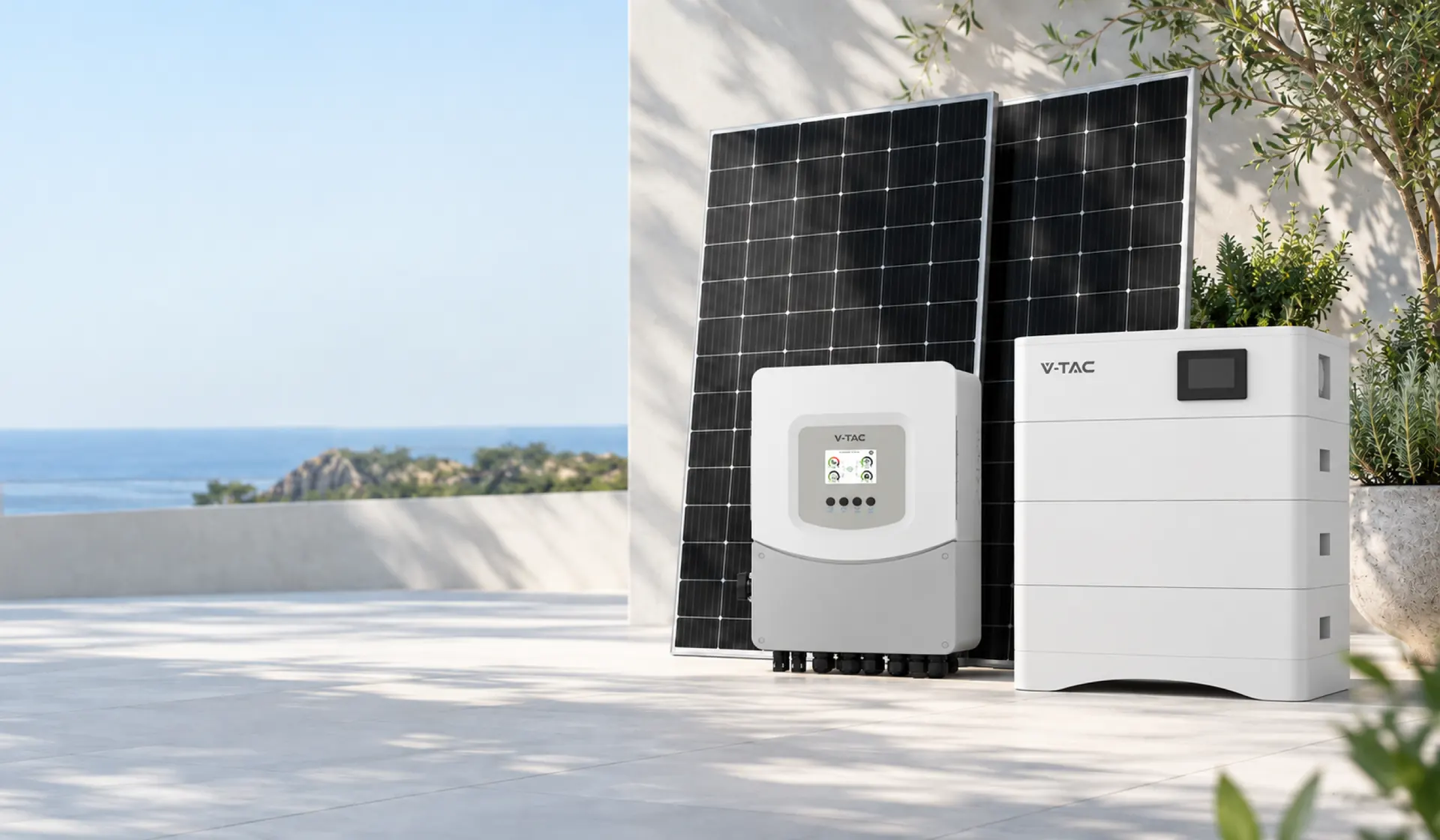 Paneles solares, un inversor híbrido V-TAC y una batería apilada V-TAC en una terraza soleada.
